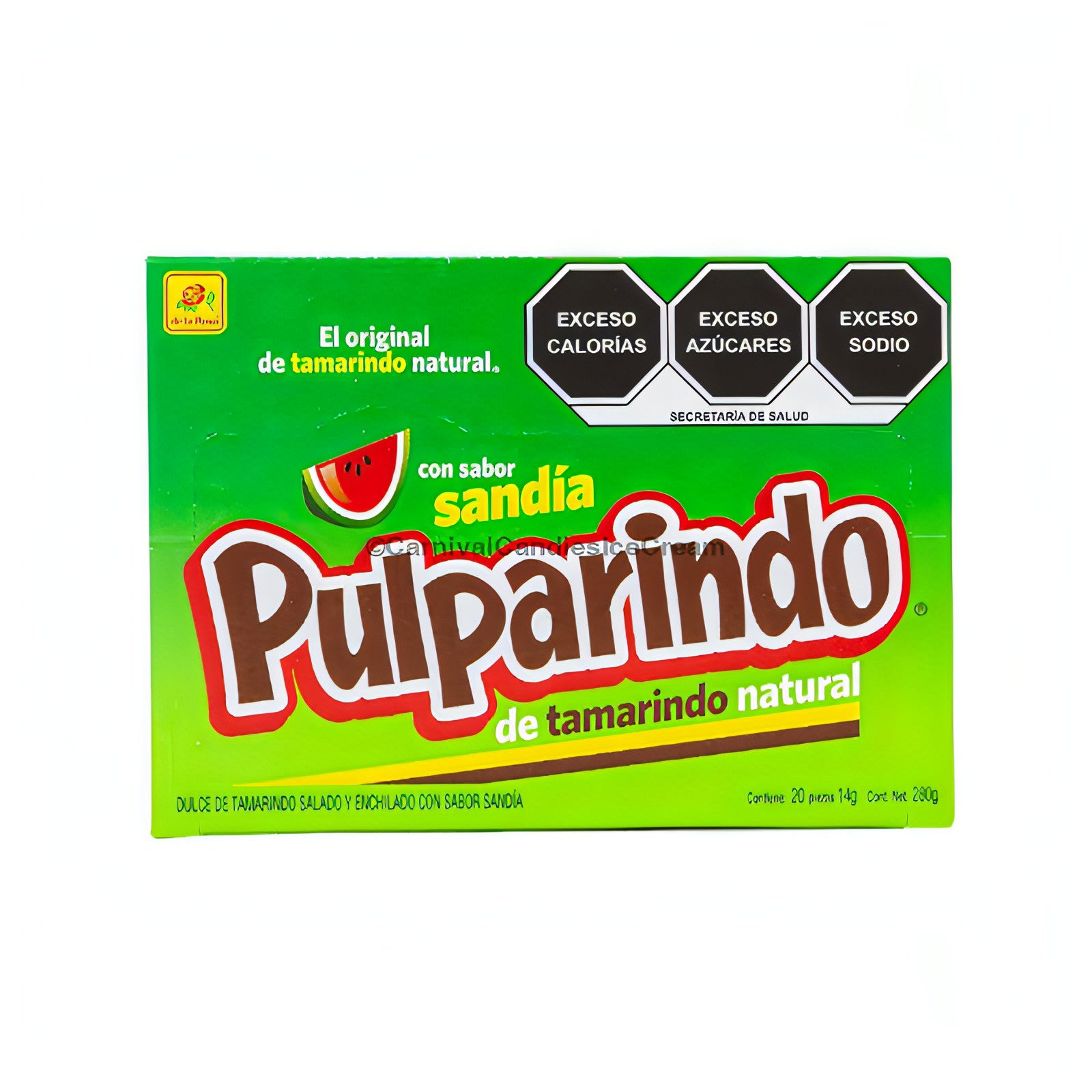 De La Rosa Pulparindo Watermelon candy box, bulk Mexican candy with tamarind, watermelon flavor, chili, and salt.