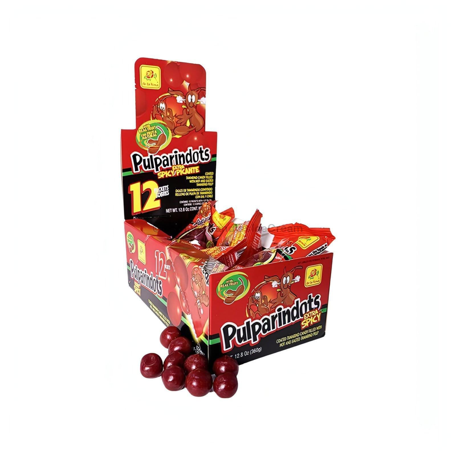 De La Rosa Pulparindots Extra Spicy 12-count box of tamarind candies, perfect bulk Mexican candy treat.