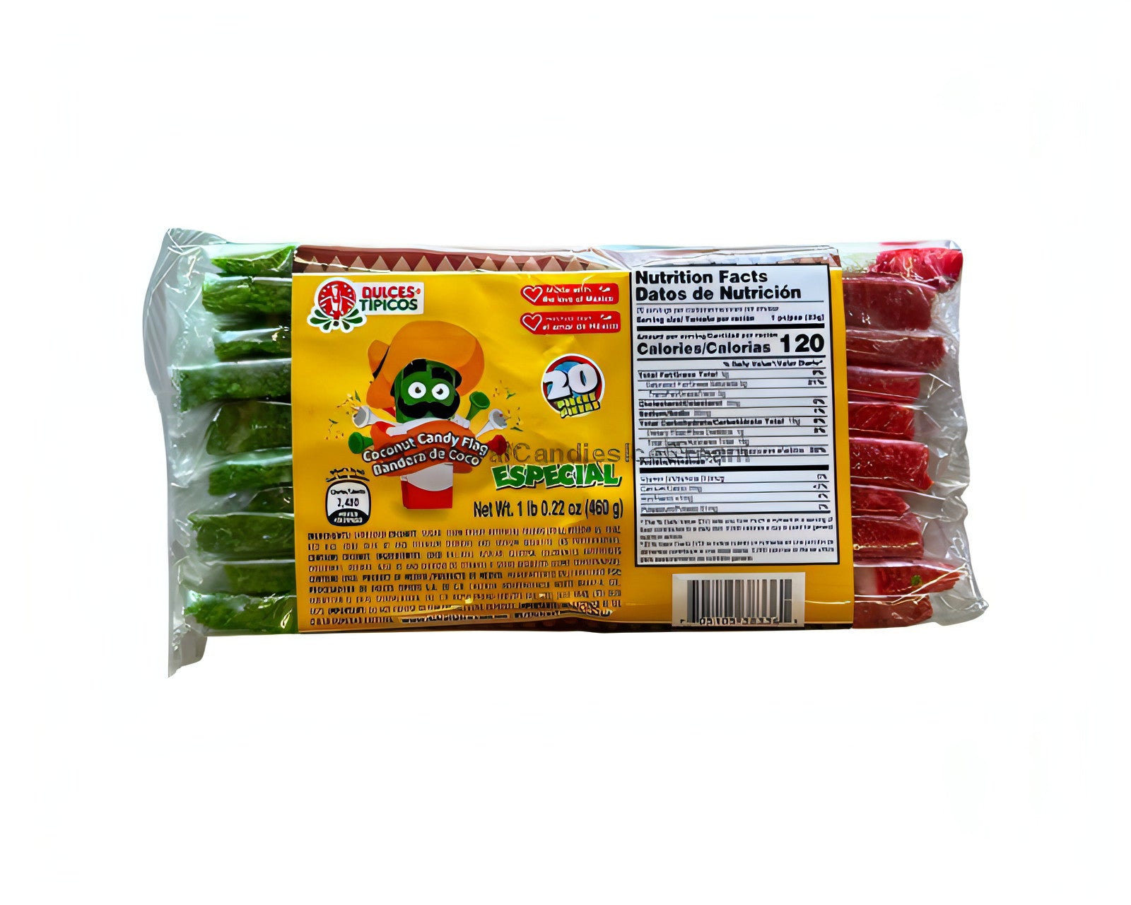 Dulces Tipicos Bandera De Coco in bulk, colorful coconut candy bars inspired by the Mexican flag, 20 count package.