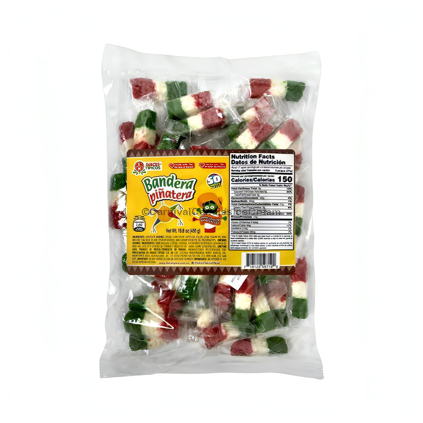 Dulces Tipicos Bandera De Coco Pinatera, mini Mexican flag coconut candy in bulk pack, colorful layers of green, white, red.