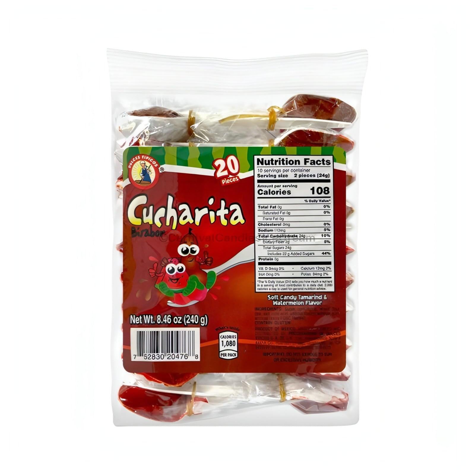 Dulces Tipicos Cucharita Bi-Sabor Watermelon/Tamarindo candy in a 20-count pack, a bulk Mexican candy treat.