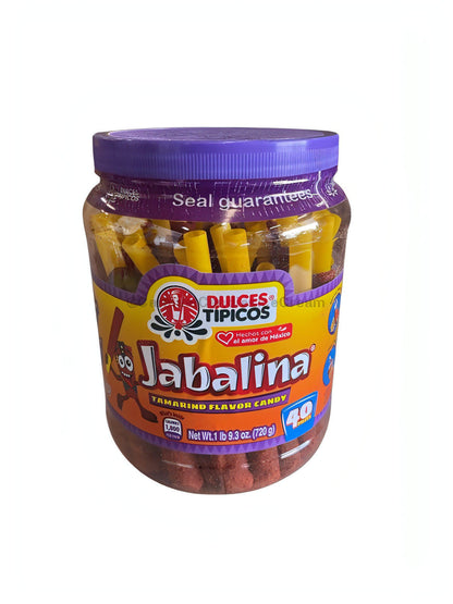 Dulces Tipicos Jabalina tamarindo candy straws in a jar, featuring 40 count of bulk Mexican candy.