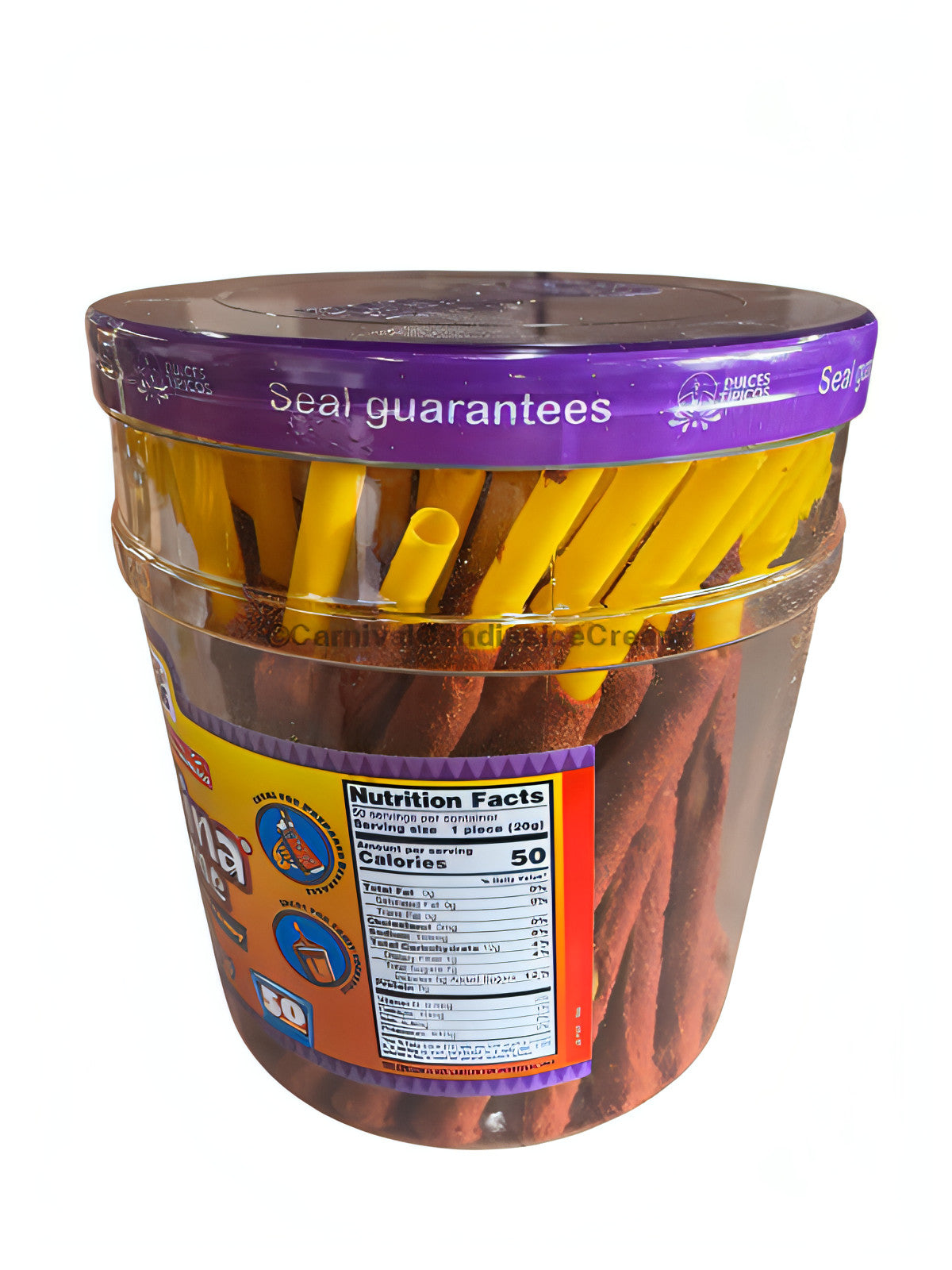 Dulces Tipicos Jabalina Xtreme bulk Mexican candy container with tamarindo candy straws, 50 count.