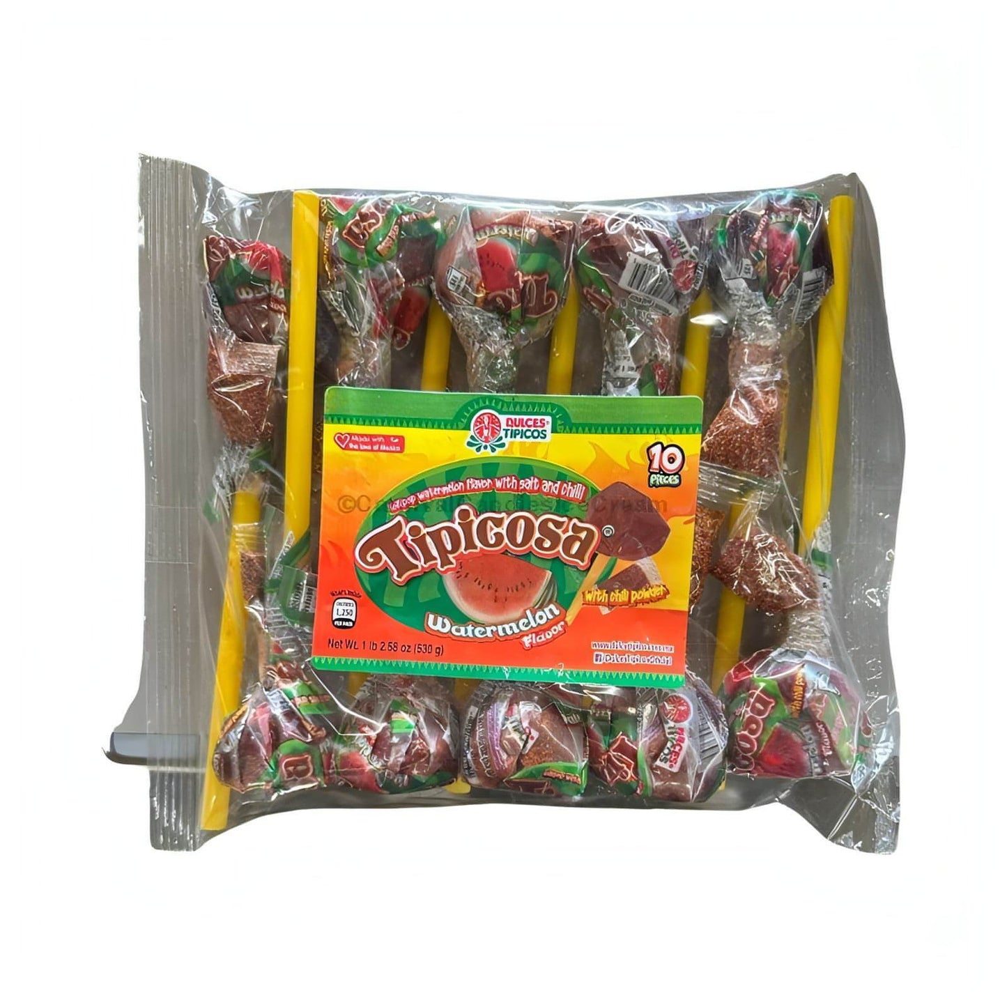 Dulces Tipicosa Watermelon Lollipop pack, featuring 10 sweet and salty tamarind lollipops, a unique Mexican candy treat.