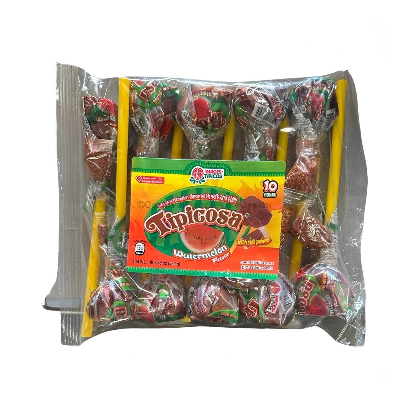 Dulces Tipicosa Watermelon Lollipop pack, featuring 10 sweet and salty tamarind lollipops, a unique Mexican candy treat.