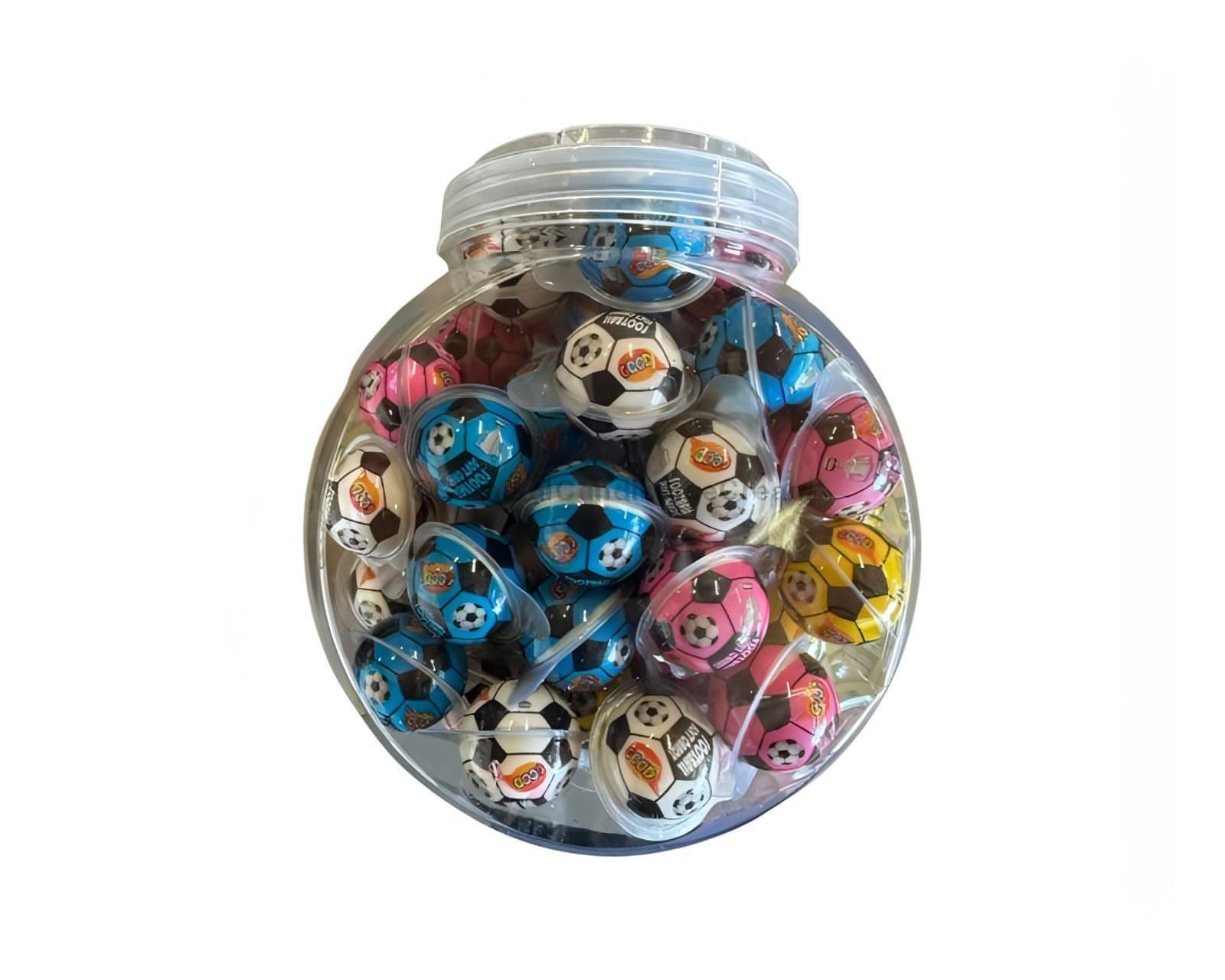 Jar of colorful gummy candies shaped like soccer balls, perfect for sports fans and candy lovers.