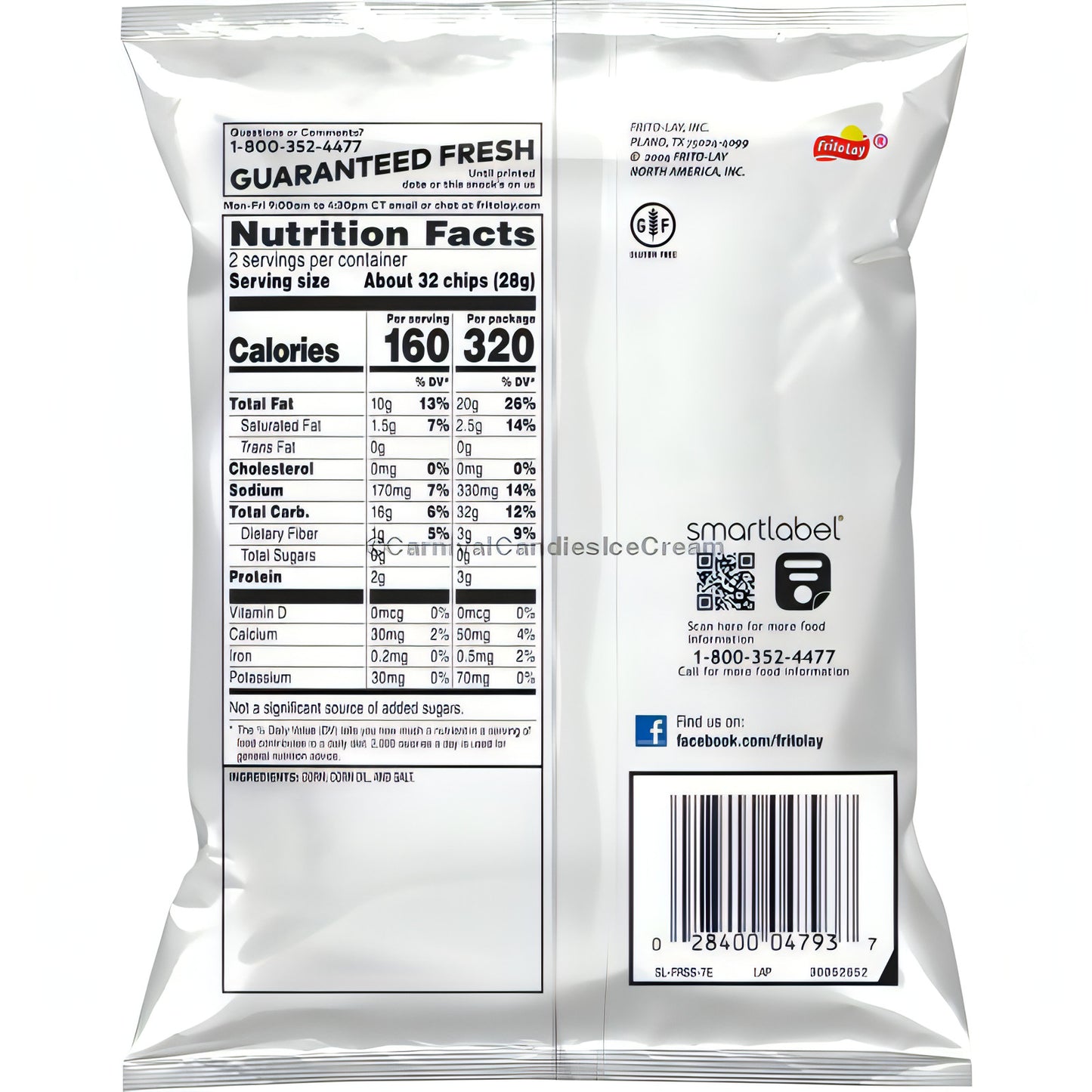 Nutrition facts panel on the back of Fritos Original 2 Oz bag, showcasing calories and serving information.