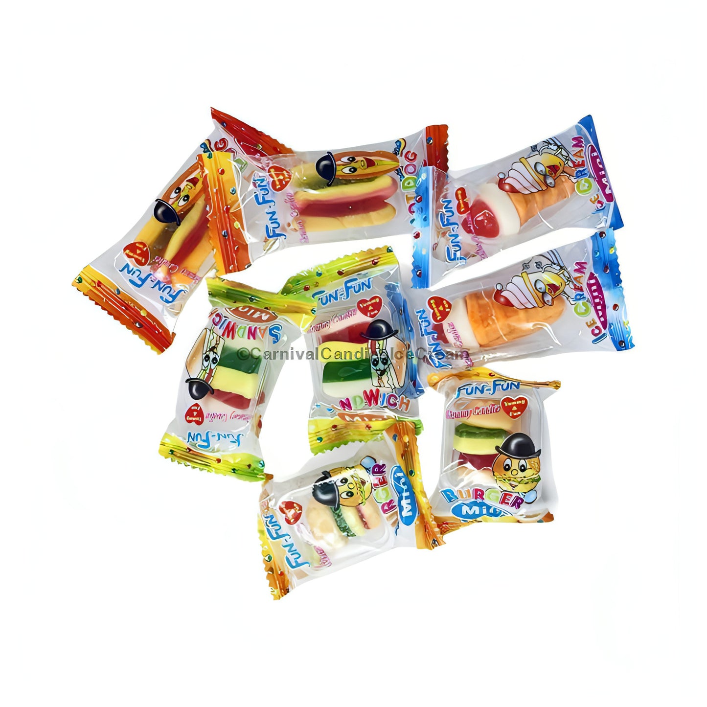 Colorful Fun-Fun Gummi Candy Pinata Mix featuring gummy hamburgers and hotdogs in assorted wrappers.