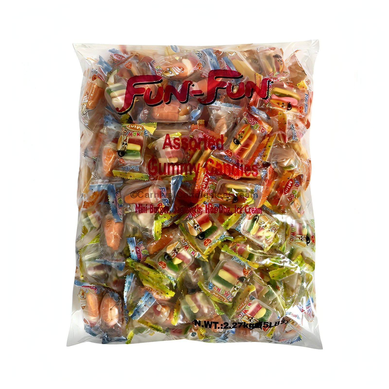 Fun-Fun Gummi Candy Pinata Mix (5 lbs) with colorful gummy hamburgers and hotdogs, perfect for parties and events.