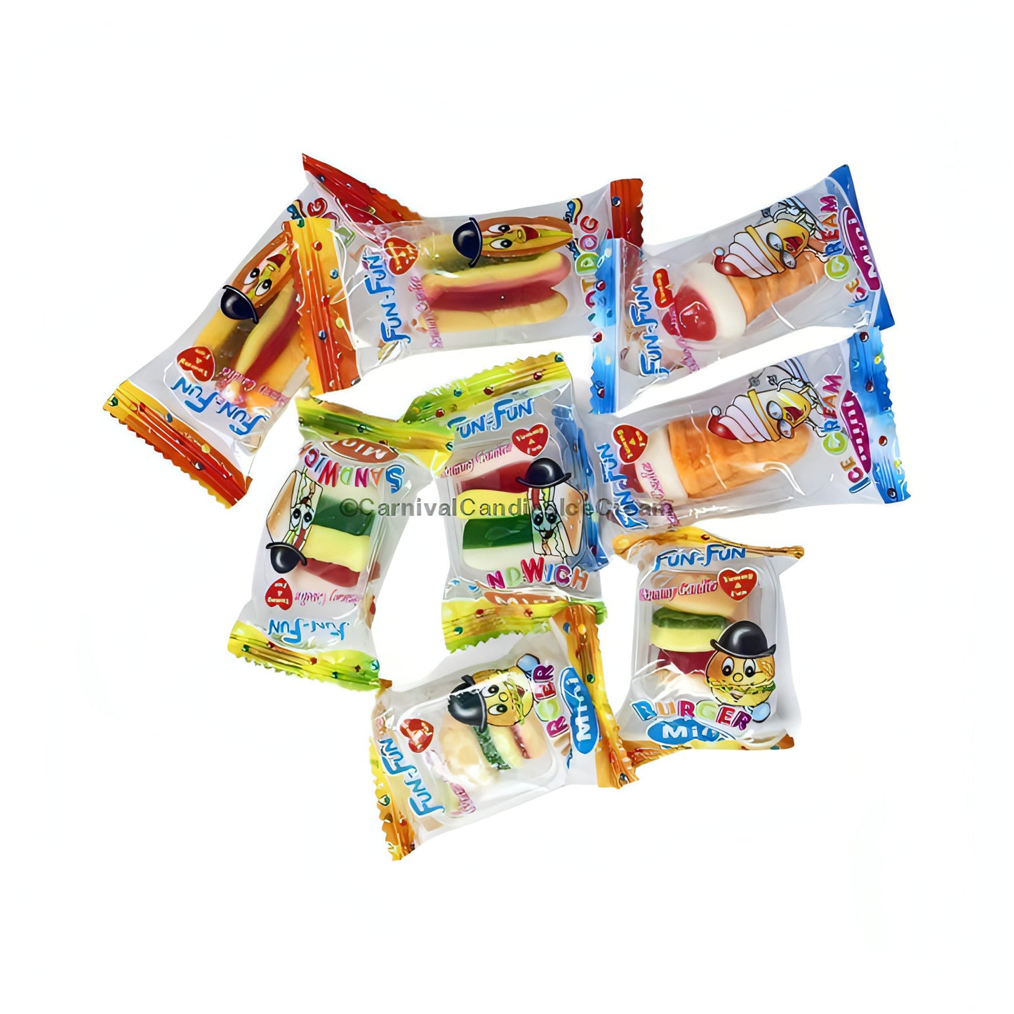 Fun-Fun Gummi Candy Pinata Mix showcasing colorful gummy hamburgers and hotdogs, perfect bulk Mexican candy for parties.