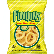 Funyun Original Onion Rings 1.25 oz bag, crispy cornmeal snacks with savory onion flavor, ideal for Frito Lay bulk chips case.