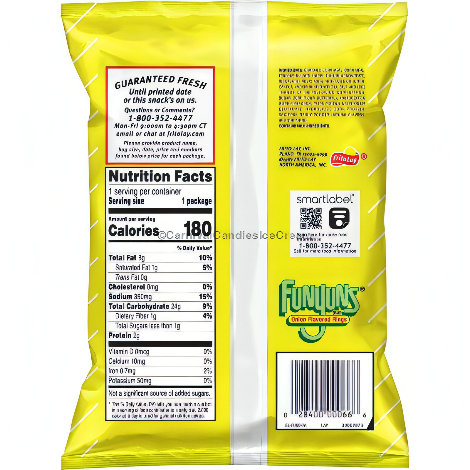 Nutrition facts of Funyun Original Onion Rings, a Frito Lay snack in a 64-count bulk chips case.