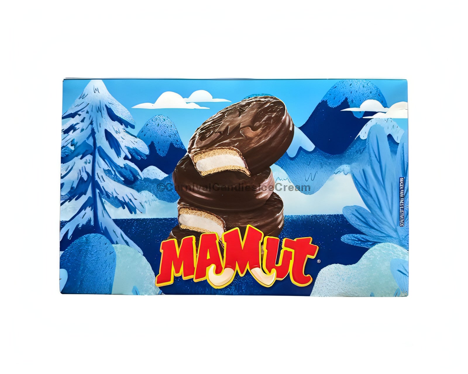 Gamesa Mamut Chocolate Cookie box featuring layered cookies with marshmallow filling and chocolate coating, bulk Mexican candy.