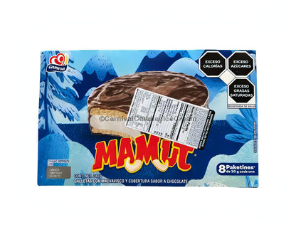 Gamesa Mamut Chocolate Cookies pack featuring 8 cookies with chocolate coating, marshmallow filling, and crunchy base.