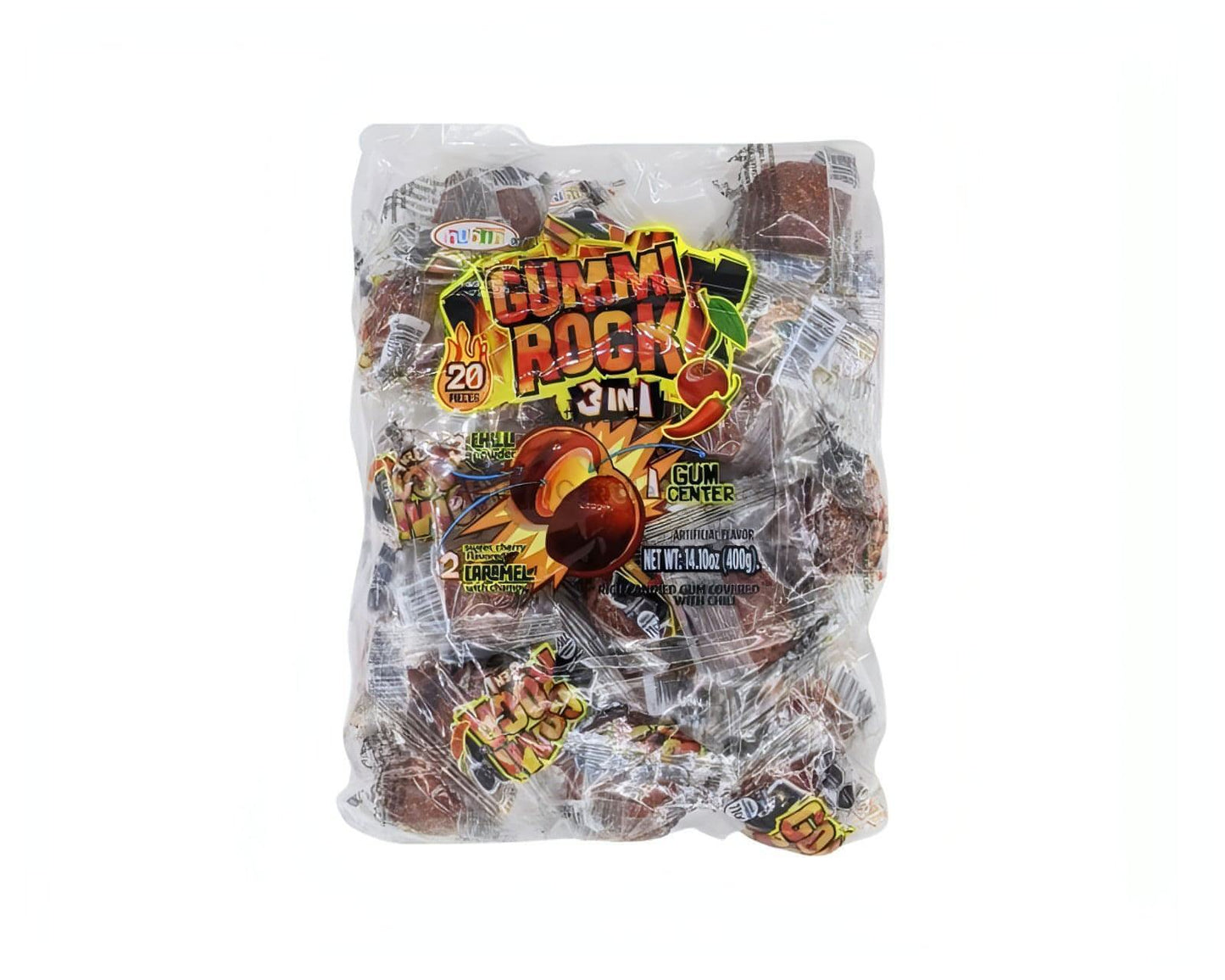 Gummirock Tamarindo Gummy Balls pack, 20 count, featuring sweet and spicy Mexican candy with chili powder coating.