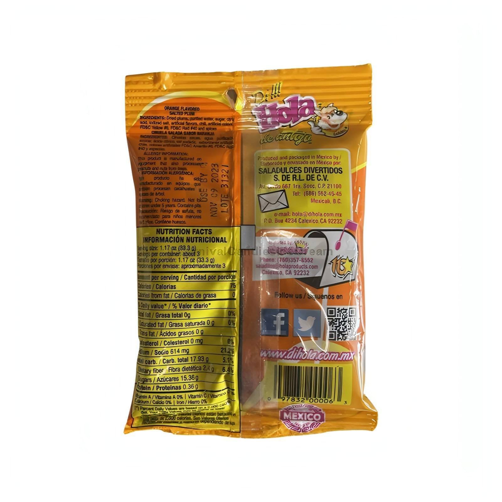 Hola Orange Flavored Saladitos package, a delightful Mexican snack with nutritional facts and vibrant design.