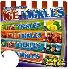 Ice Tickles freeze 'n eat bars in Lemon-Lime, Cherry, Bubble Gum, and Watermelon flavors, perfect for bulk ice cream treats.