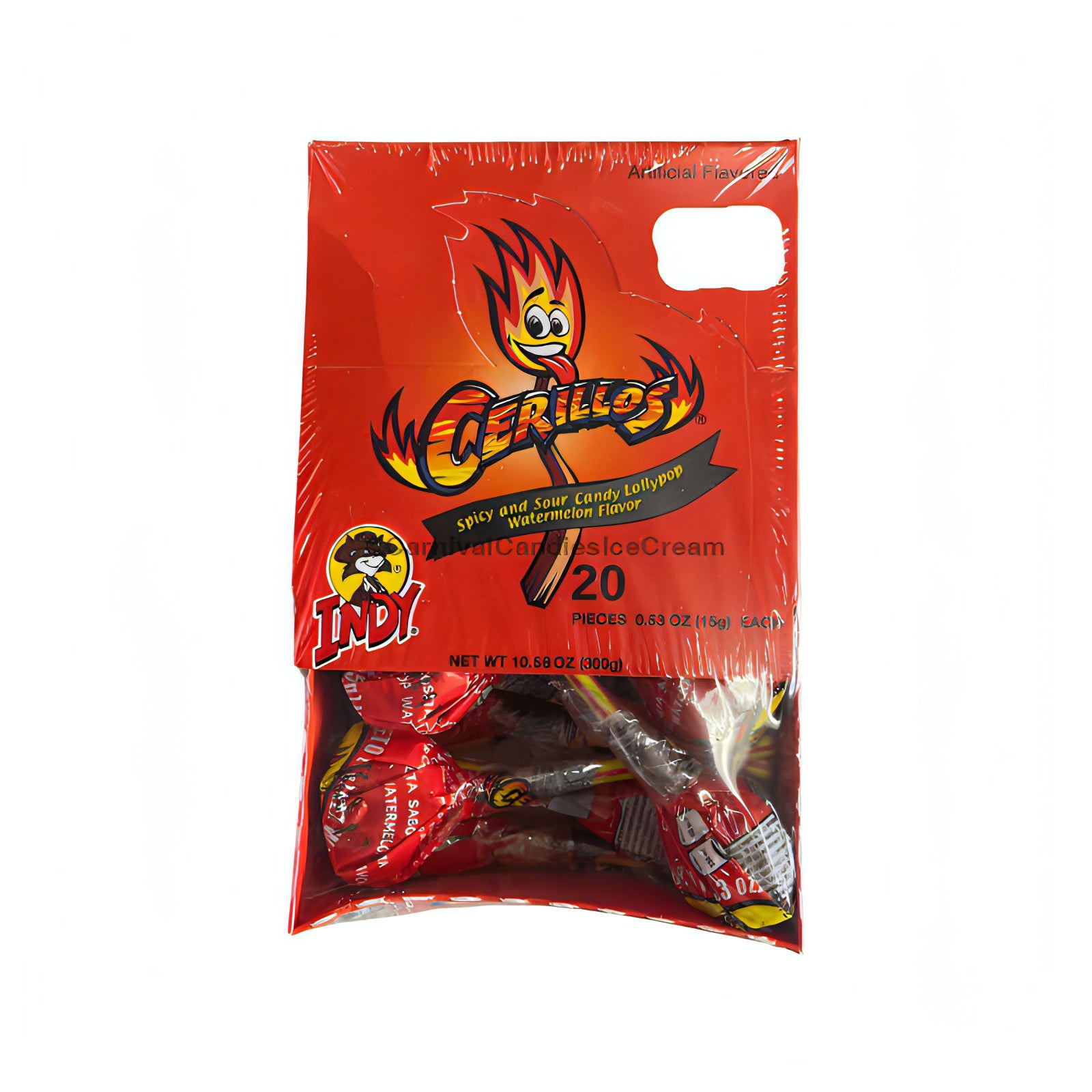 Indy Cerillos spicy and sour watermelon lollipops, 20 count, perfect for bulk Mexican candy lovers.