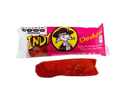 Indy Dedos spicy and sour tamarindo candy, bulk Mexican candy, chewy finger-shaped treat, vibrant packaging.