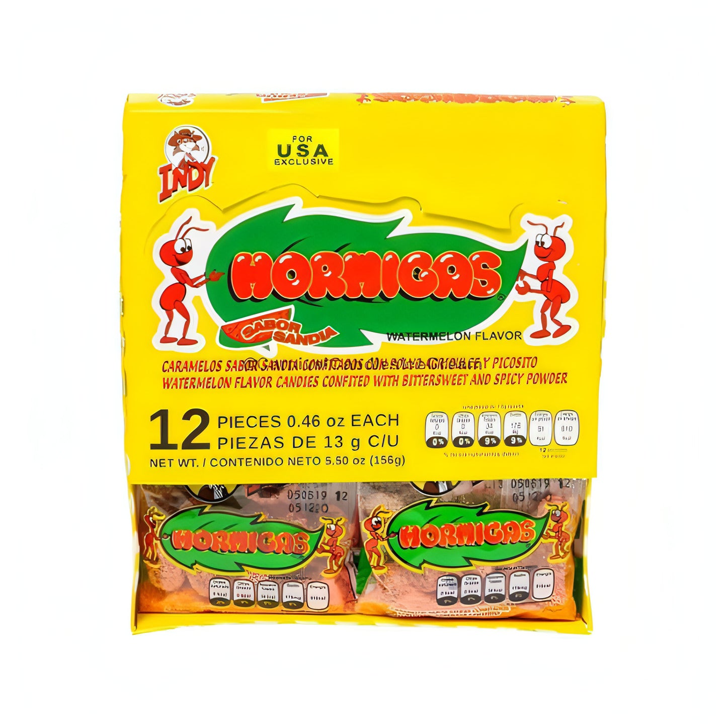 Indy Hormigas Watermelon Candy 12 Count, Mexican chili candy with sweet, sour, and spicy flavors, bulk Mexican candy.