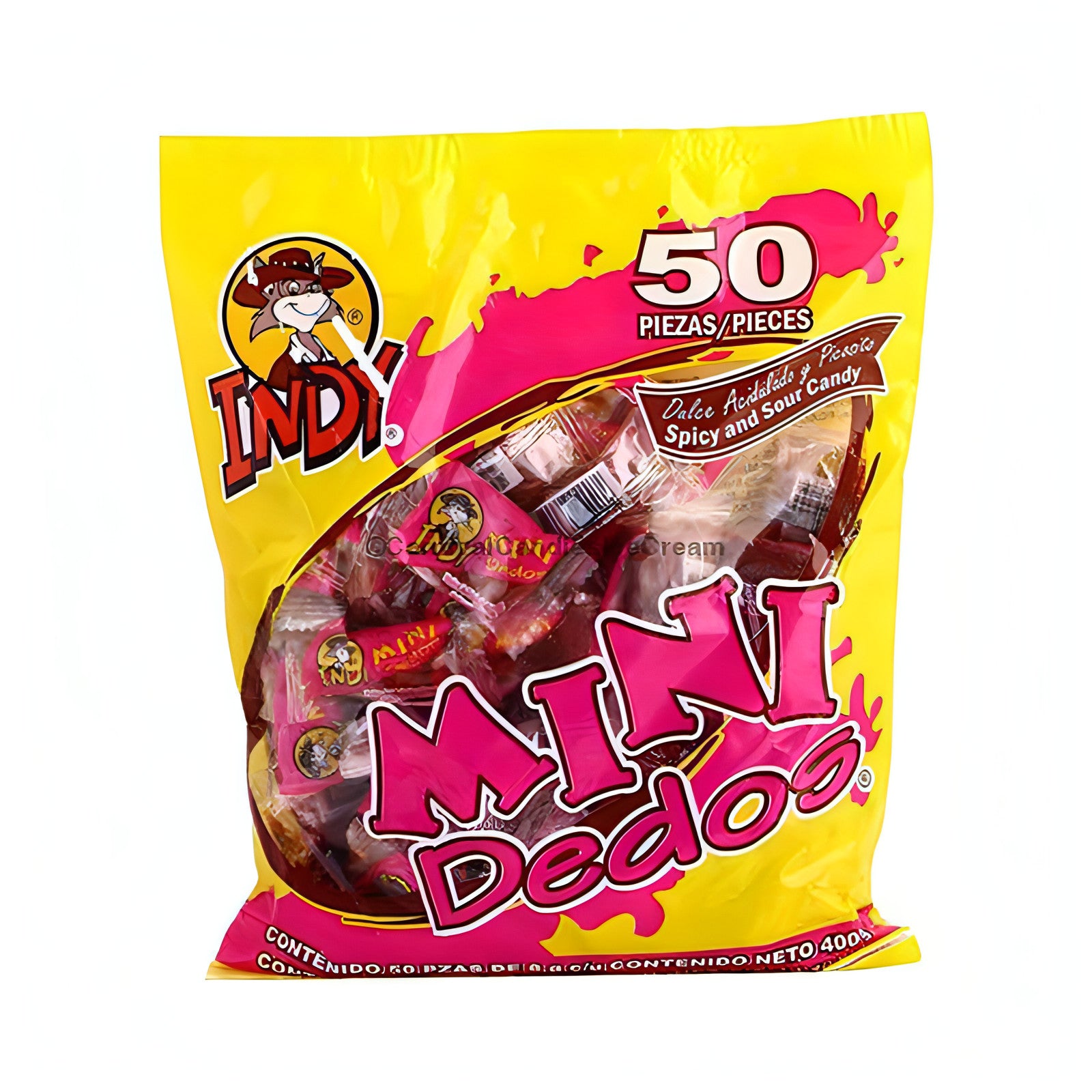 Indy Mini Dedos 50 count pack of spicy sour tamarindo candy, perfect bulk Mexican candy for sweet cravings.