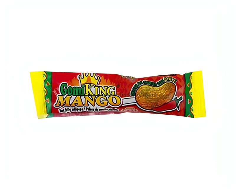 Karla Comi King Mango Lollipop packaging, bulk Mexican candy with spicy mango flavor.