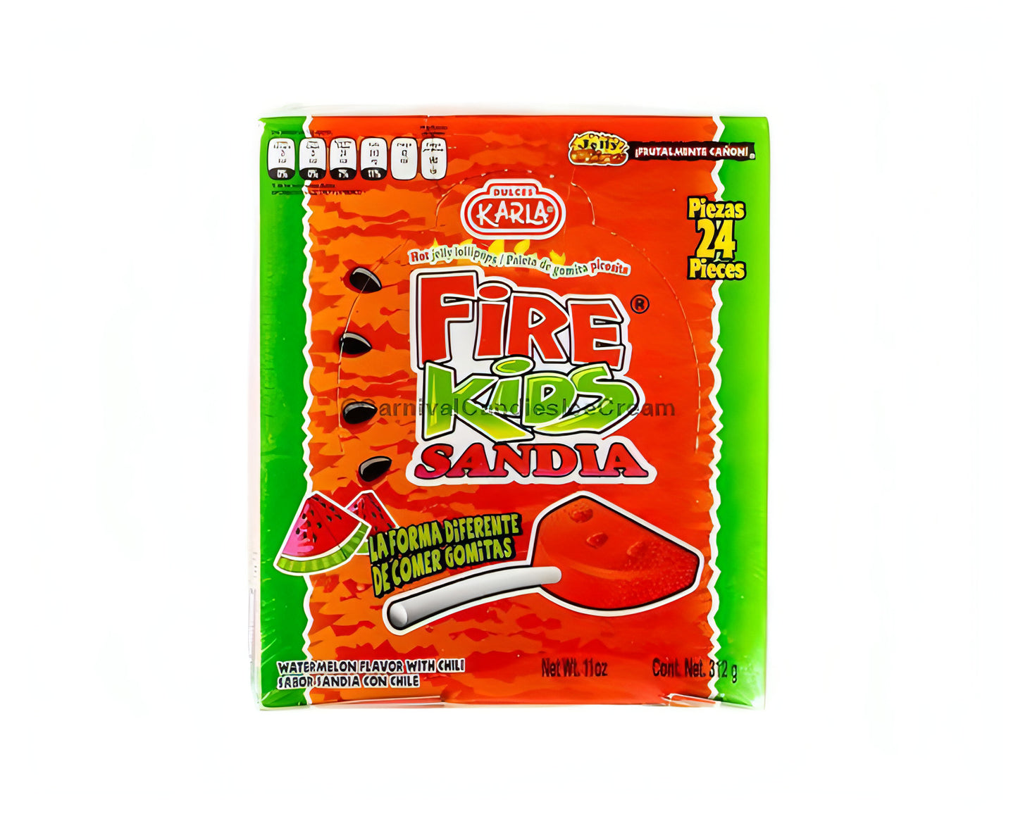 Karla Fire Kids Sandia Lollipops box, 24 count, featuring sweet watermelon flavor with chili for a unique candy experience.