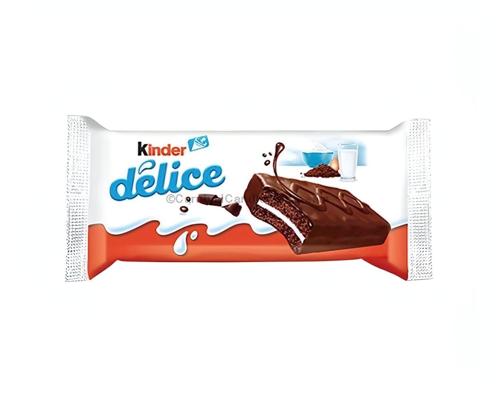 Kinder Delice cocoa sponge cake bar with creamy center, dark chocolate coating, perfect for bulk Mexican candy treats.