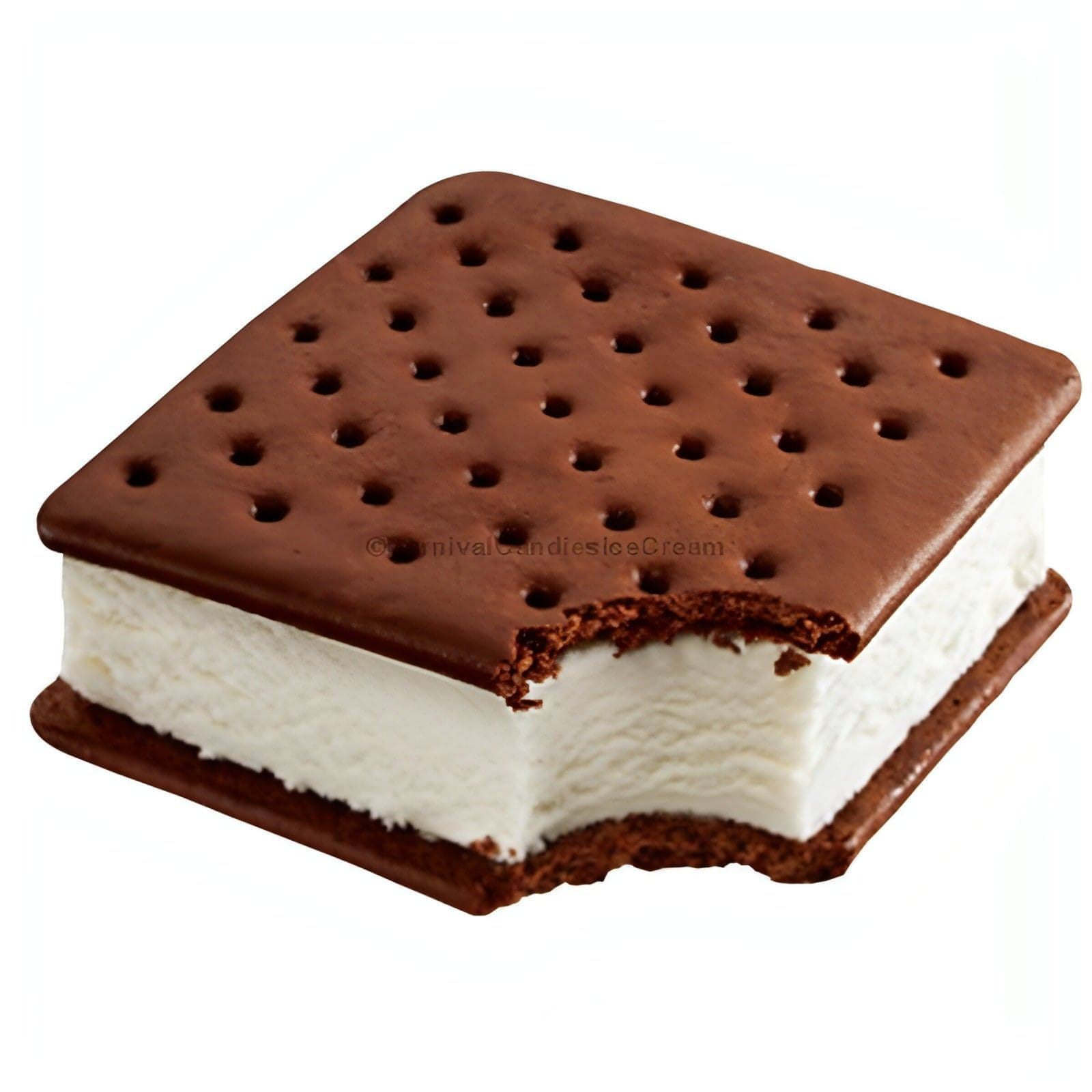 Klondike Ice Cream Sandwich with a bite taken out, featuring creamy vanilla ice cream and chocolatey wafers, perfect for bulk ice cream lovers.