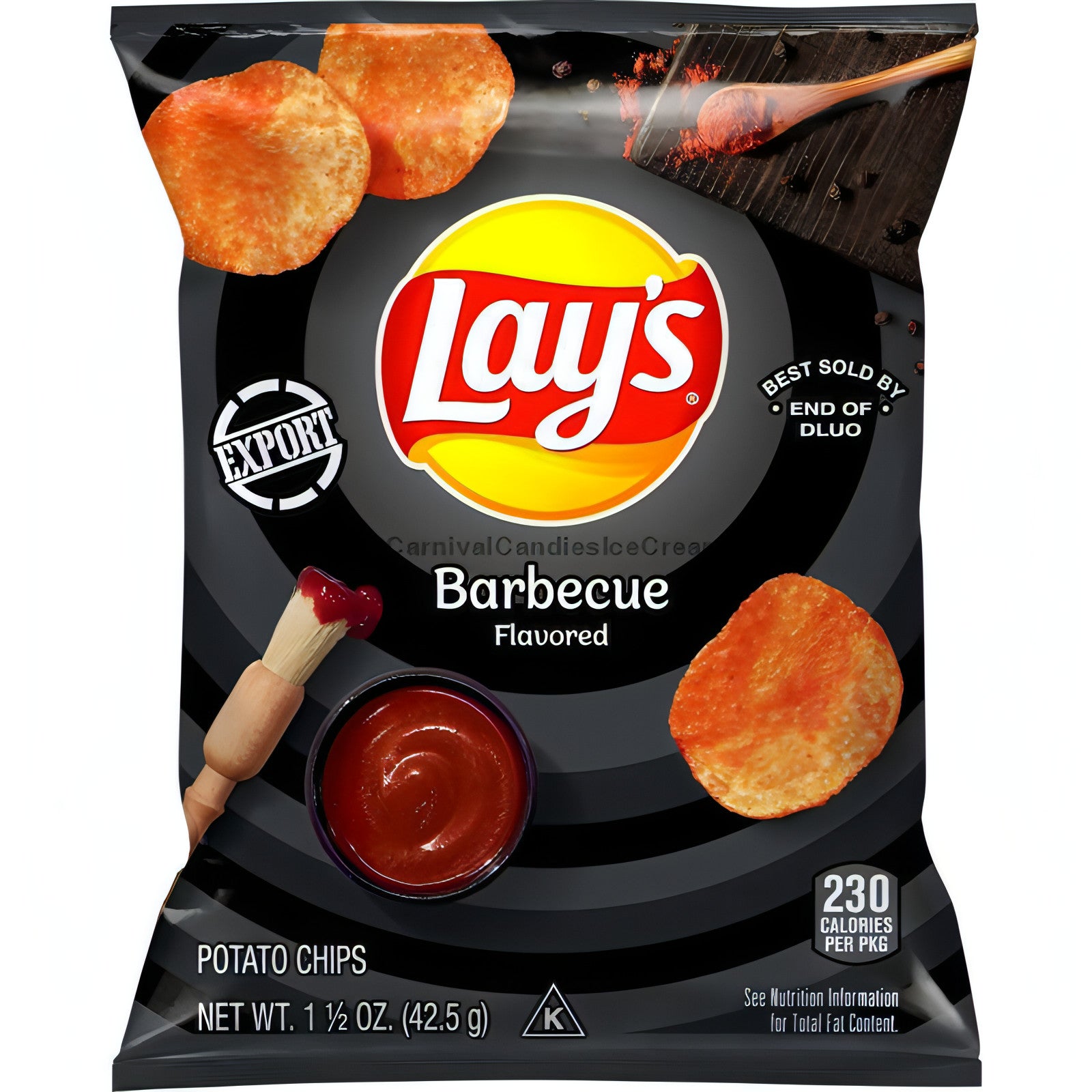 Lay's Barbecue potato chips bag featuring crispy chips and barbecue sauce, ideal for snack lovers. Frito Lay bulk chips case.