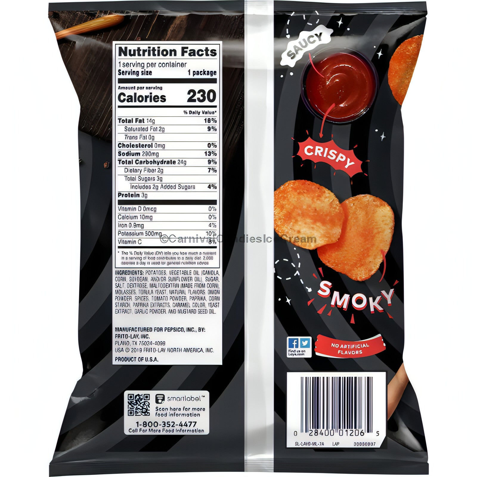 Lay's Barbecue chips bag showcasing nutritional facts, crispy and smoky flavor, perfect for Frito Lay bulk snacks.