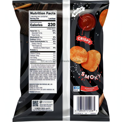 Lay's Barbecue chips bag showcasing nutritional facts, crispy and smoky flavor, perfect for Frito Lay bulk snacks.