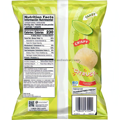 Lay's Limón 1.5 Oz bag showcasing nutrition facts, citrus flavor, ideal for Frito Lay bulk chips case.