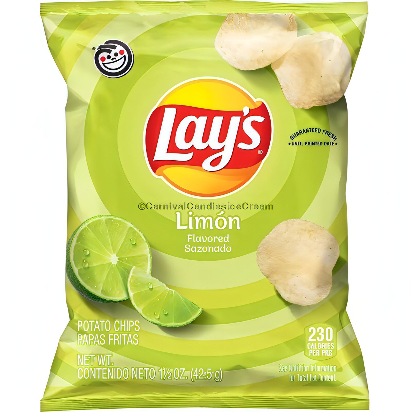 Lay's Limón potato chips packaging with lime slices, zesty citrus flavor, ideal for snacking, Frito Lay bulk chips case.