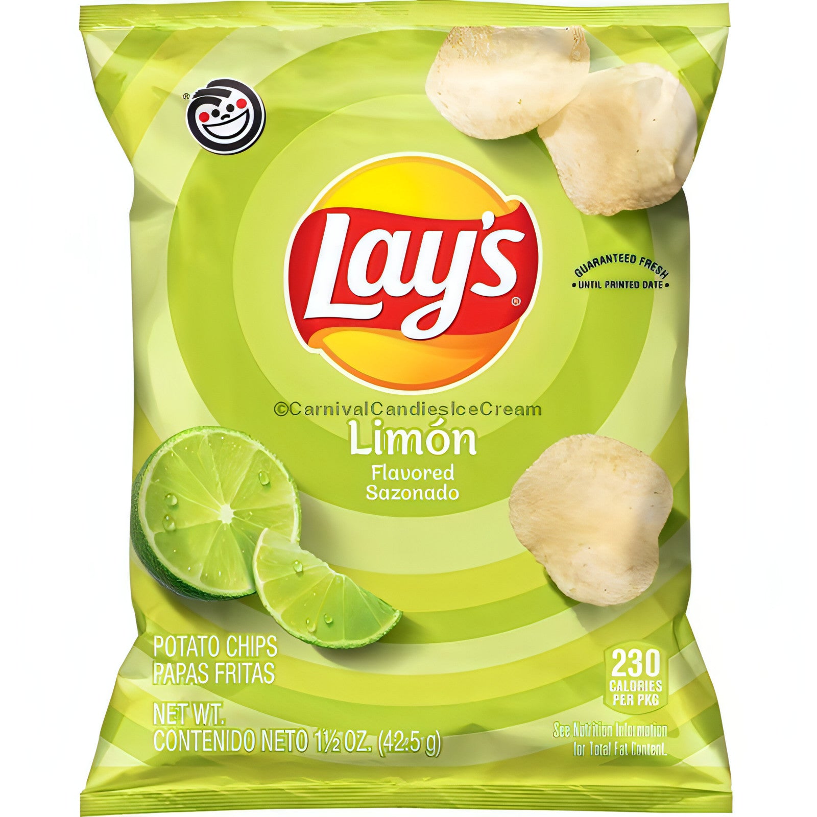 Lay's Limón potato chips packaging with lime slices, zesty citrus flavor, ideal for snacking, Frito Lay bulk chips case.