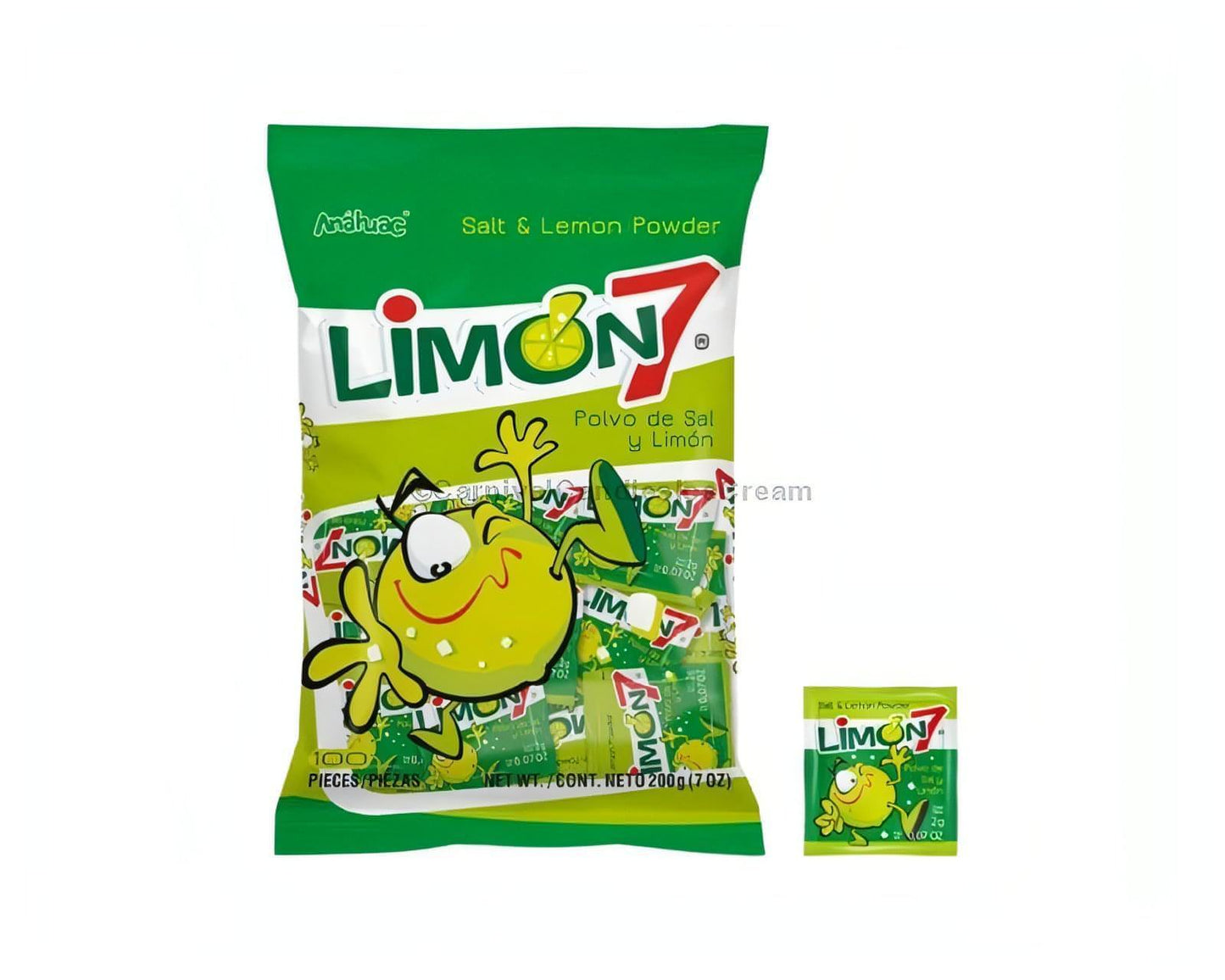 Limon7 Lemon & Salt Powder package showcasing bulk Mexican candy with bright packaging and individual packets.