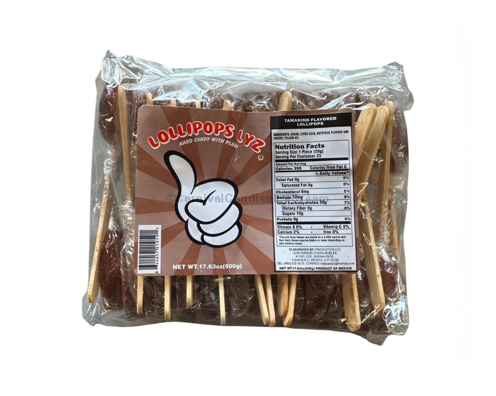 Lollipops LYZ Tamarindo Saladito in packaging, bulk Mexican candy, 25 count with tamarind flavor and plum seed surprise.
