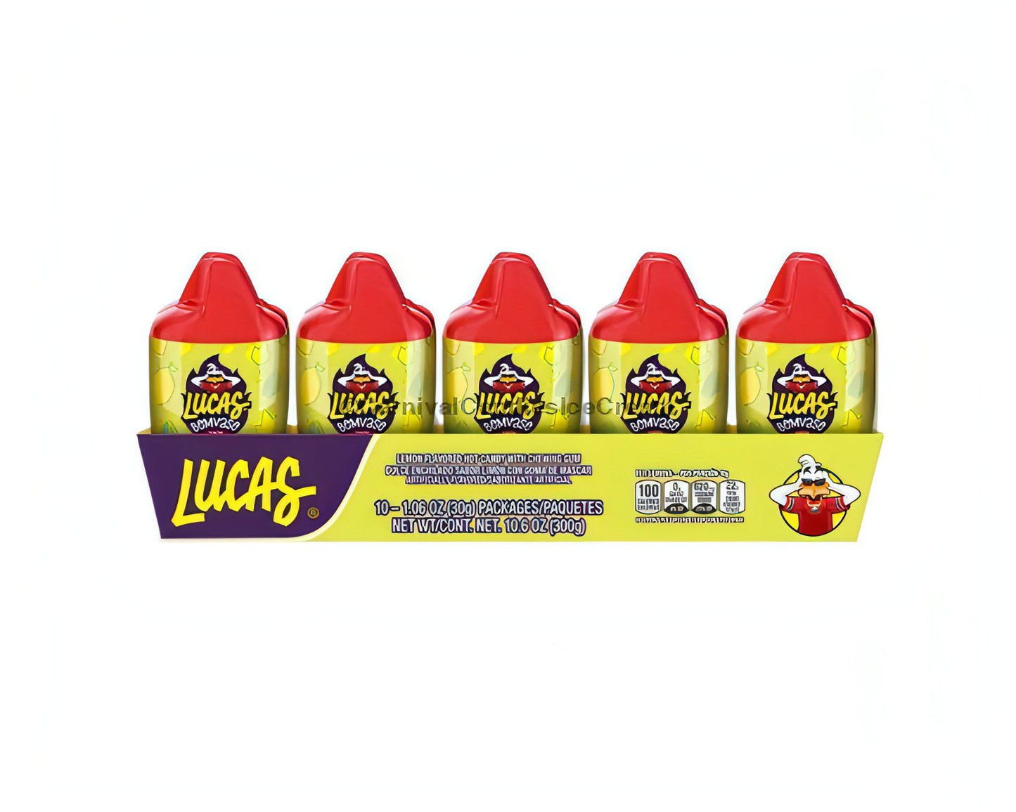 Lucas Bomvaso lemon flavored Mexican candy with chili powder, featuring a pack of 10 colorful containers.