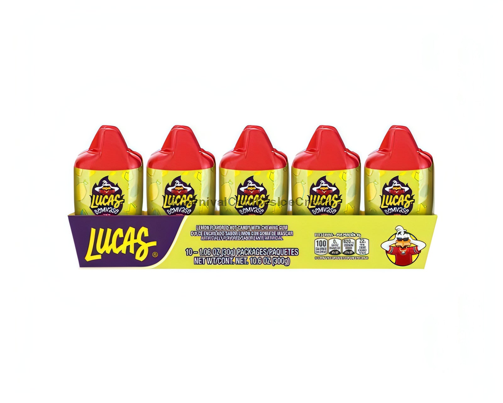 Lucas Bomvaso lemon flavored Mexican candy with chili powder, featuring a pack of 10 colorful containers.