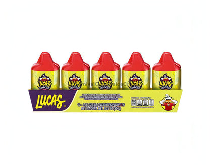 Lucas Bomvaso lemon flavored Mexican candy with chili powder, featuring a pack of 10 colorful containers.