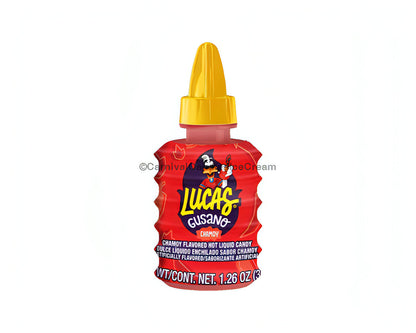 Lucas Gusano Chamoy liquid candy bottle, bulk Mexican candy with tangy flavor, 1.26 oz.