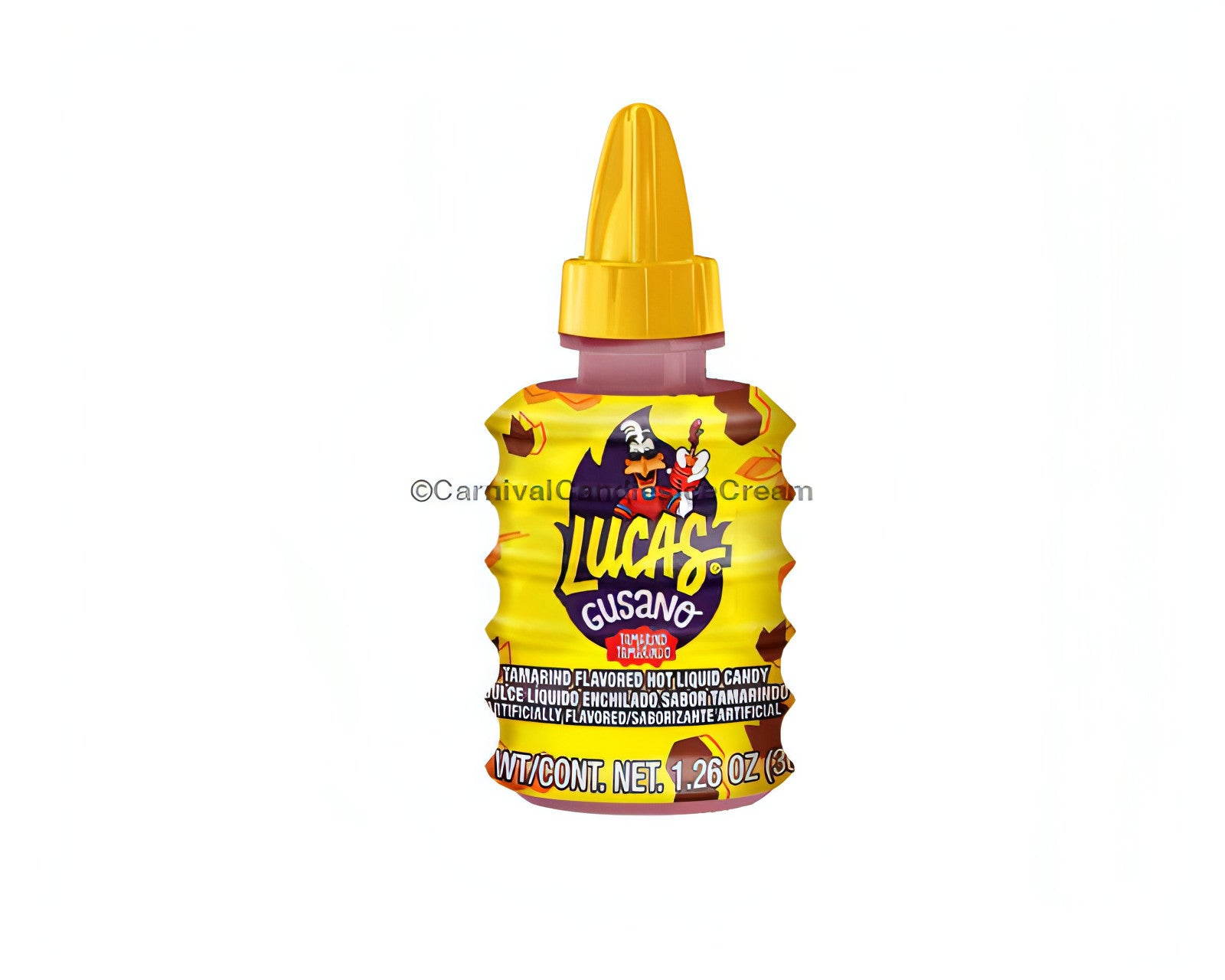 Lucas Gusano Tamarindo liquid Mexican candy sauce in a vibrant bottle, perfect for enjoying sweet and spicy flavors.