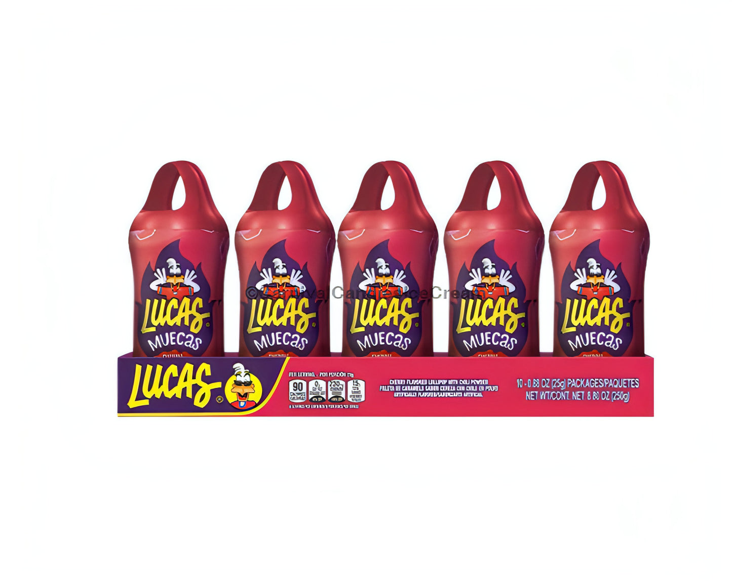Lucas Muecas Cherry Mexican candy lollipops in a colorful package, featuring 10 sweet and salty chili-coated pops.