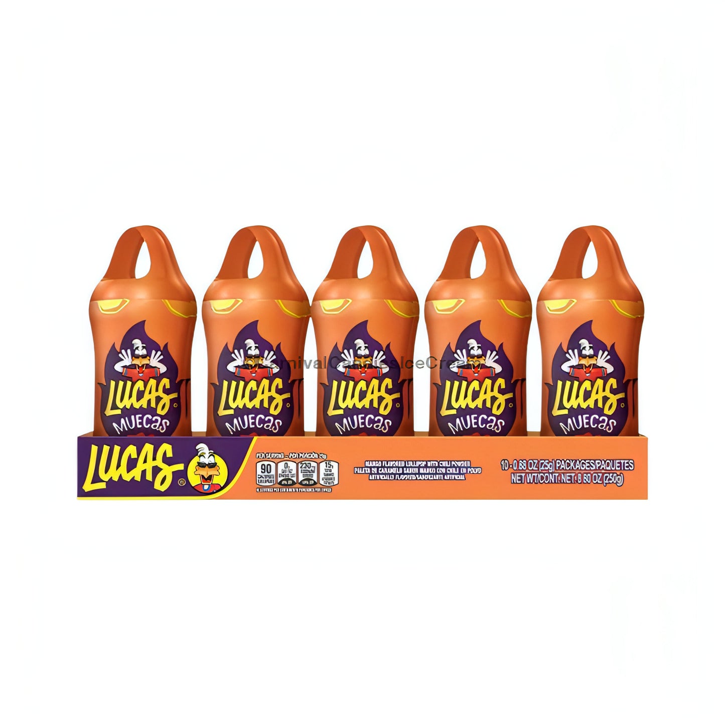 Lucas Muecas Mango Mexican candy lollipops (10 count) in bright packaging with a purple and orange design.
