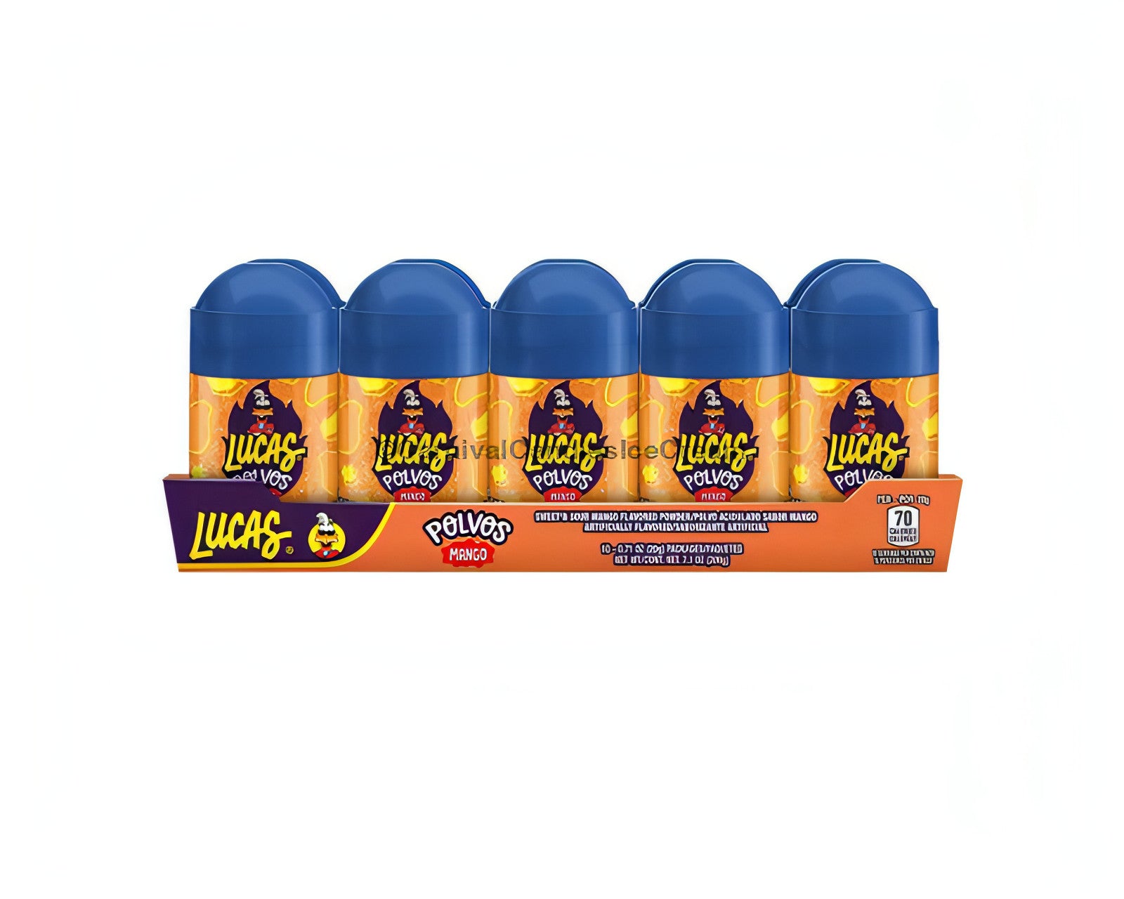 Lucas Polvos Mango Mexican powder candy pack, featuring five single-serve containers for delicious bulk Mexican candy.
