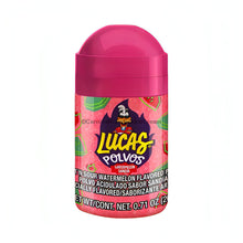 Lucas Polvos Sandia watermelon flavored Mexican candy powder in pink packaging, 10 count, sweet and sour flavor.