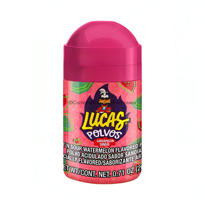 Lucas Polvos Sandia watermelon flavored Mexican candy powder in pink packaging, 10 count, sweet and sour flavor.