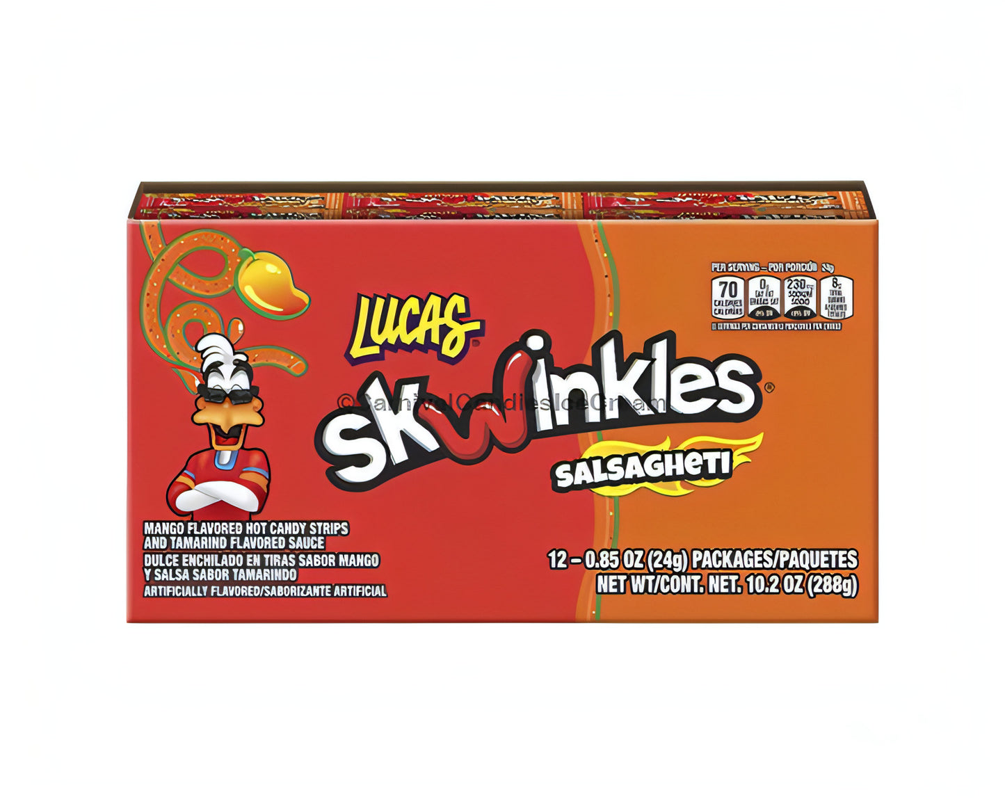 Lucas Salsaghetti Mango 12 count box, Mexican candy with sour gummy strips and tamarind sauce for a spicy twist.