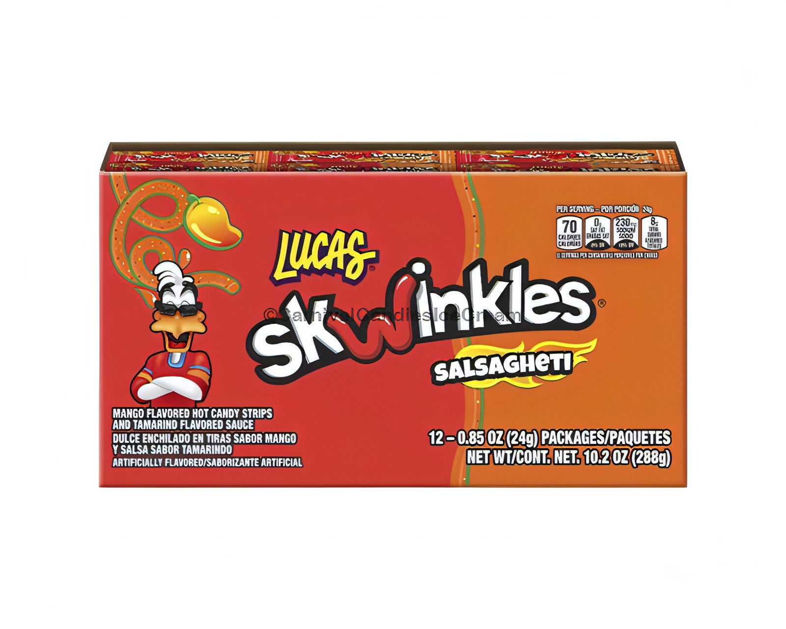 Lucas Salsaghetti Mango 12 count box, Mexican candy with sour gummy strips and tamarind sauce for a spicy twist.