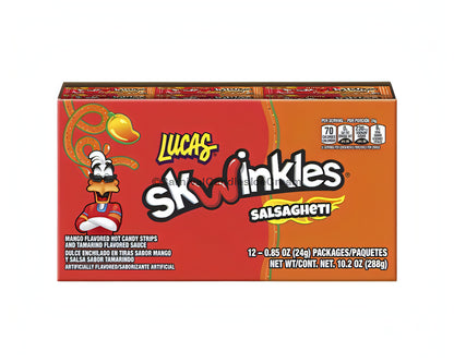Lucas Salsaghetti Mango 12 count box, Mexican candy with sour gummy strips and tamarind sauce for a spicy twist.